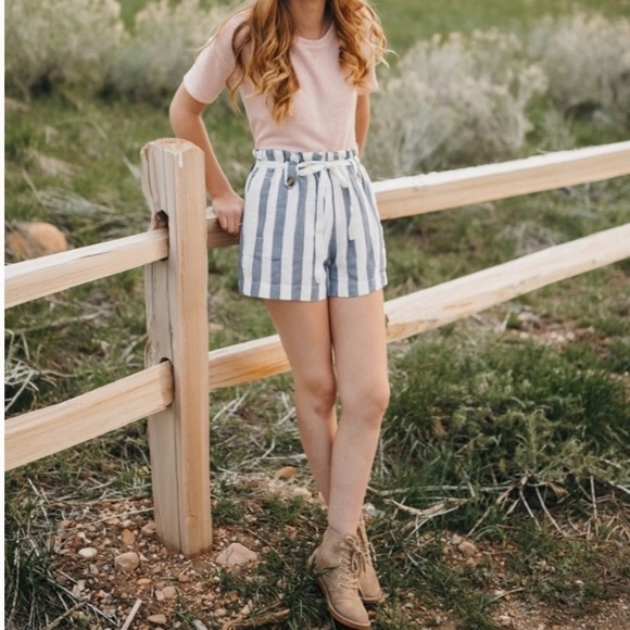 NWT American Eagle Blue & White Stripe High Waisted Belted Paper Bag Shorts - Picture 2 of 7